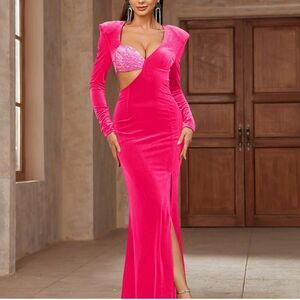 Faeriesty Elegant Hot Pink One Sleeve Evening Prom Maxi Bodycon Gown Dress